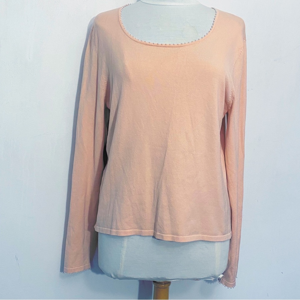 FIELD MANOR 52% silk with nylon and cotton sweater. Bead trim neck and wrist L